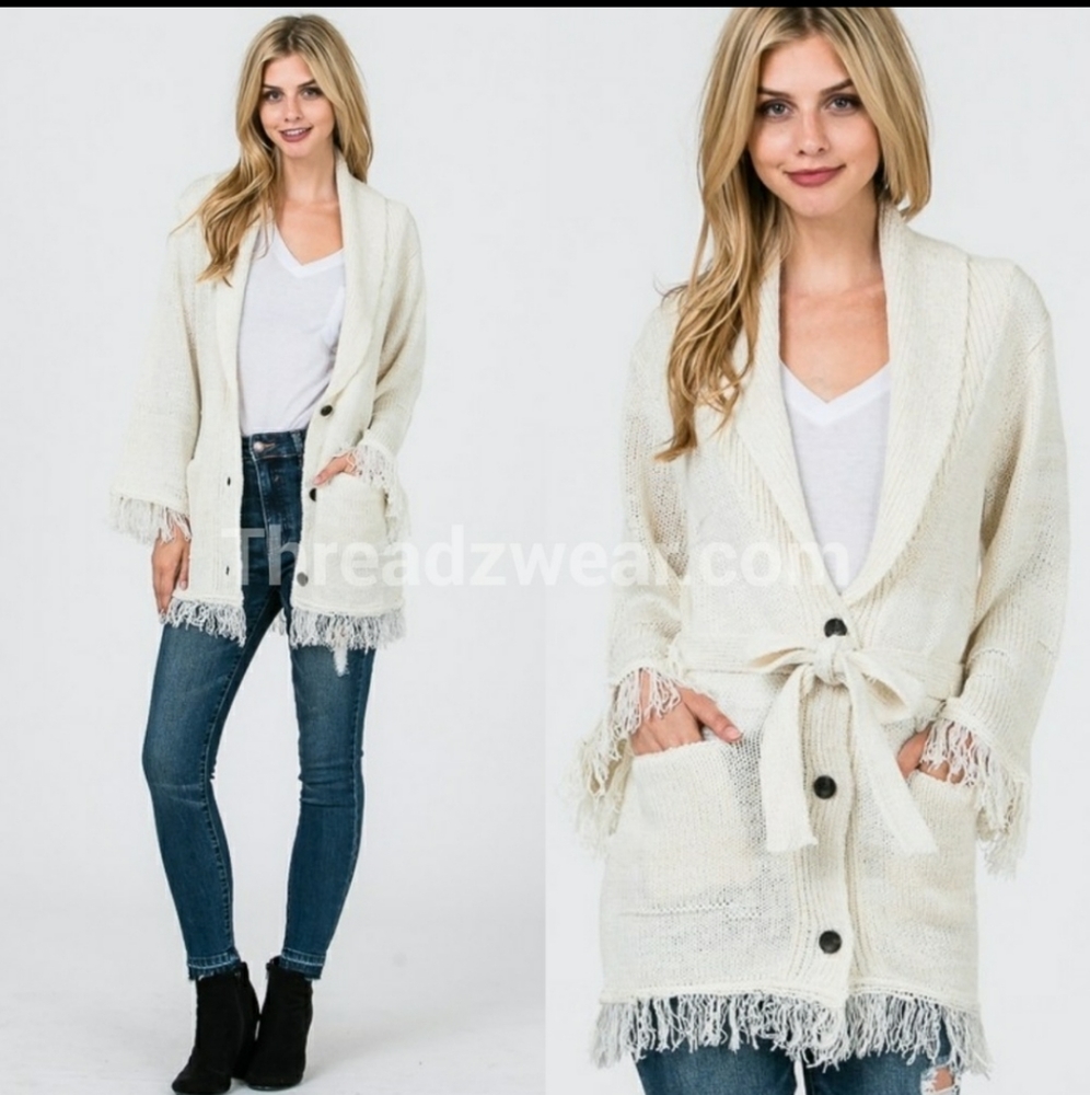 RELISTED  Cream belted fringed button cardigan - Picture 6 of 7